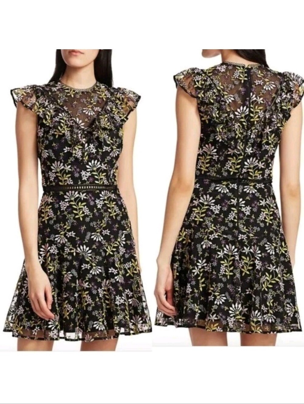 Monique Lhuillier embroidered tulle A-line flounce mini dress in black with colo